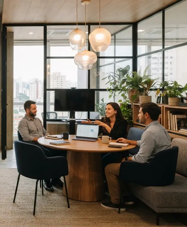 Equipe conversando em volta de uma mesa, analisando anotações de um projeto