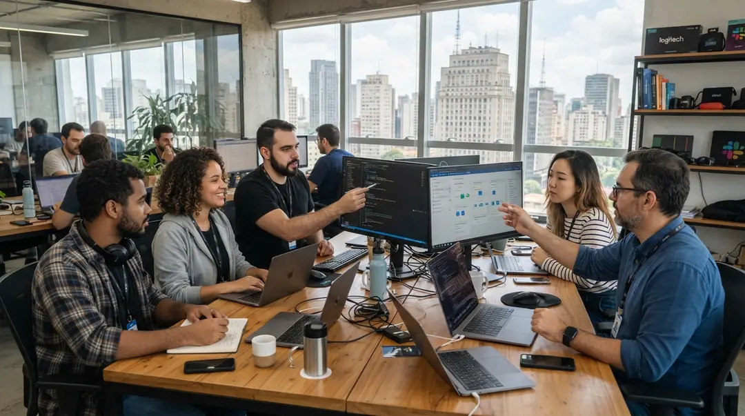 Equipe de desenvolvimento trabalhando em conjunto em um escritório moderno