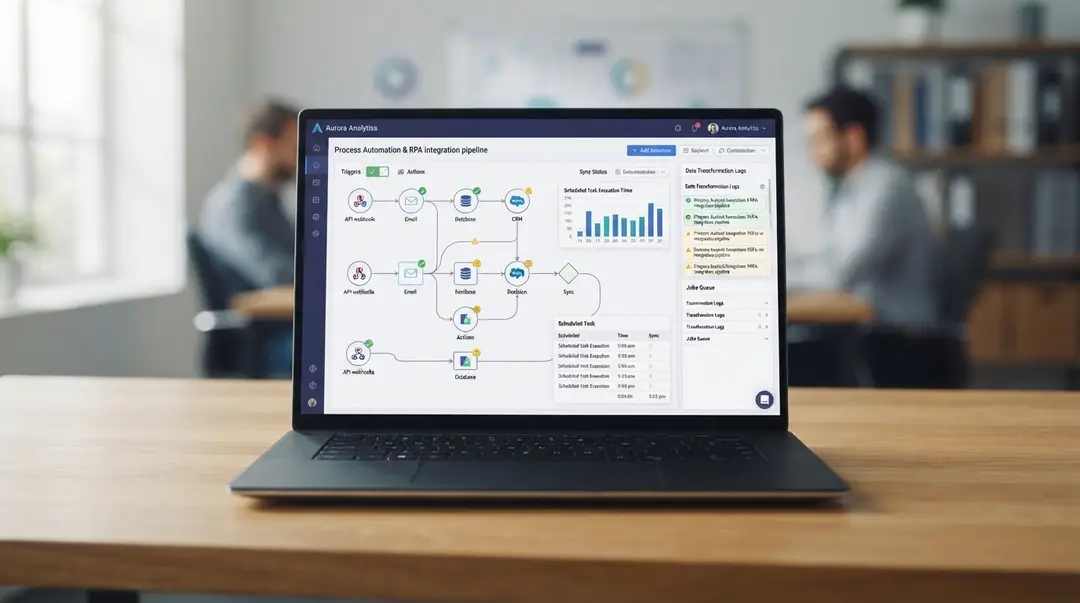 Laptop exibindo um fluxo de automação de processos com gatilhos e integrações
