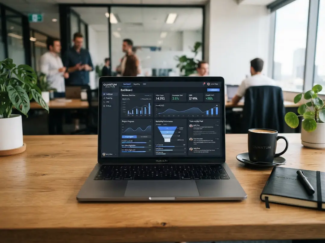 Laptop com painel de indicadores de um sistema sob medida em mesa de madeira