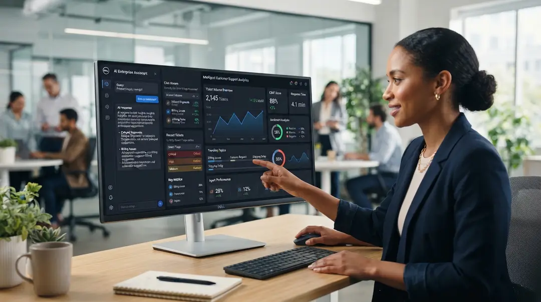 Profissional interagindo com um painel de atendimento e indicadores em um monitor
