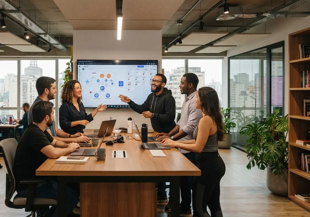 Equipe de engenharia reunida em volta de uma mesa, discutindo um diagrama em um painel